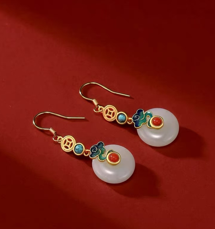 Forbidden City: Jingtai Blue Cloud Jade Peace Pendant Earrings